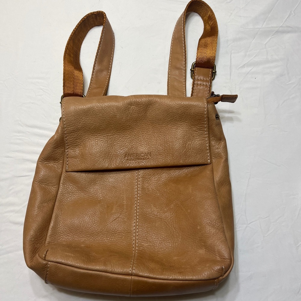 American Leather Co Tan Glove Leather Small Backpack Bag Antique Brass Hardware